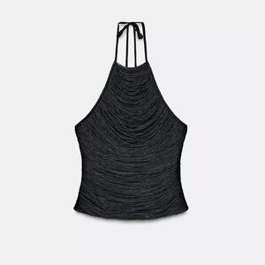 Zara NWT black metallic thread fringed halter top